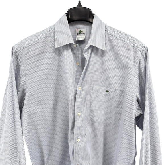 Lacoste Mens 42 Pre-Owned Dress Shirt LS Gingham Check Blue White Button Down - Picture 3 of 14